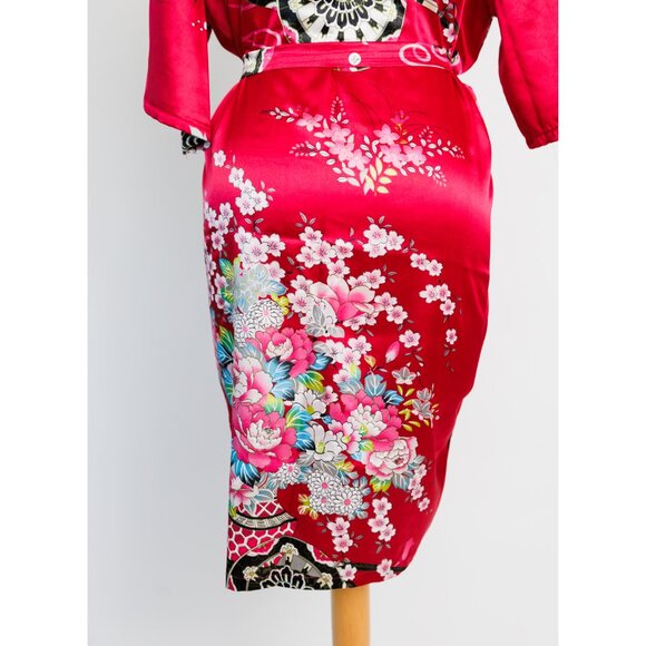 Chinese dressing robe, floral print red short dressing robe, 100% cotton - Picture 7 of 10